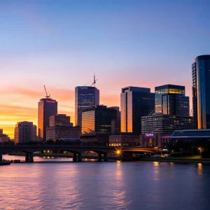 Sunset view of downtown Jacksonville with lights and buildings