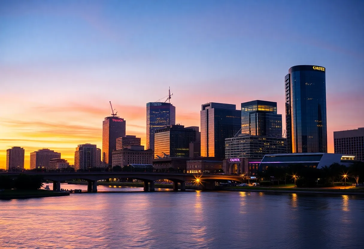 Sunset view of downtown Jacksonville with lights and buildings