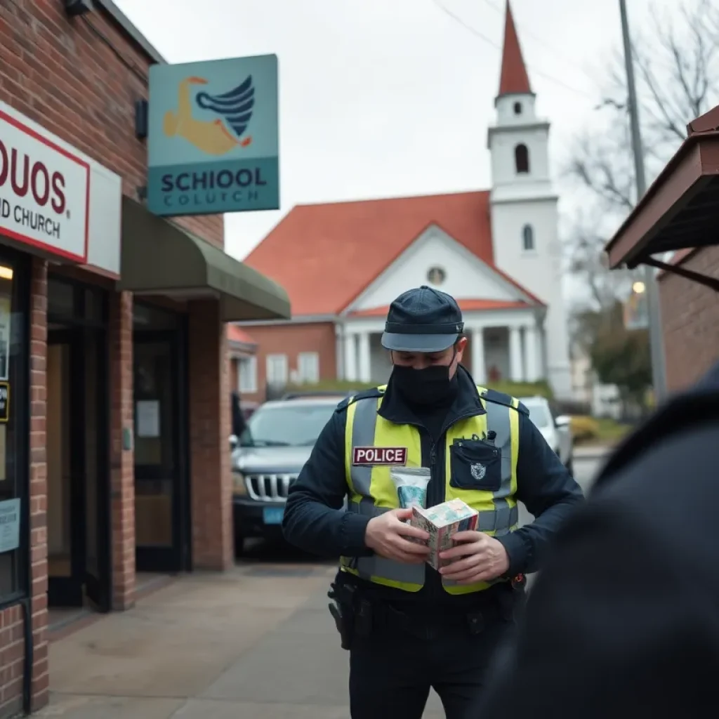 Police conducting a drug bust at a business near a school