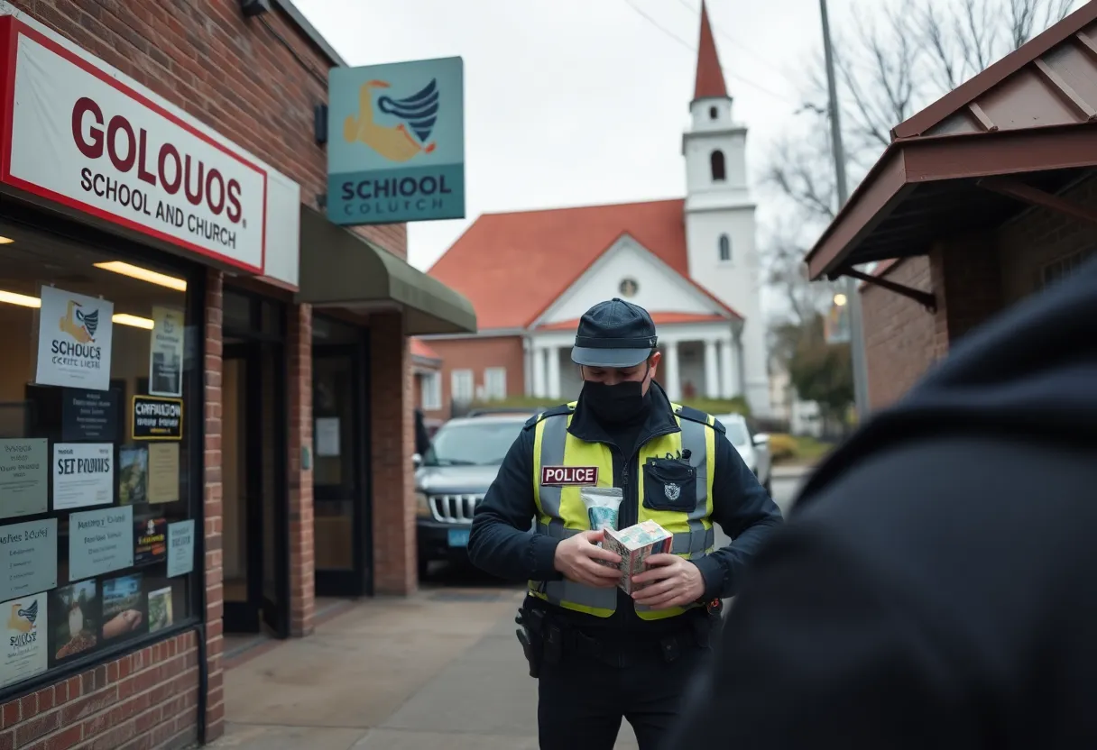Police conducting a drug bust at a business near a school