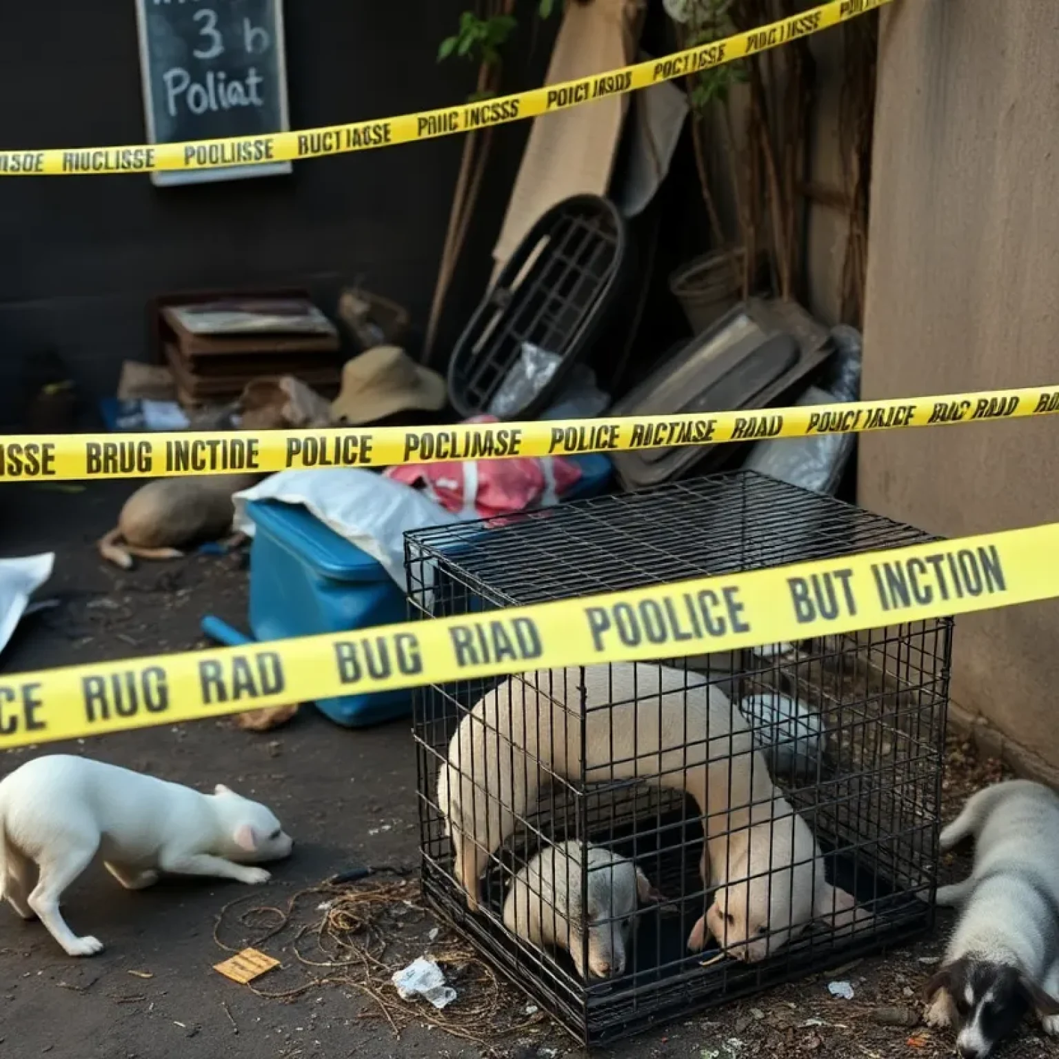 Evidence from the Jacksonville drug raid, including illegal substances and signs of animal cruelty.