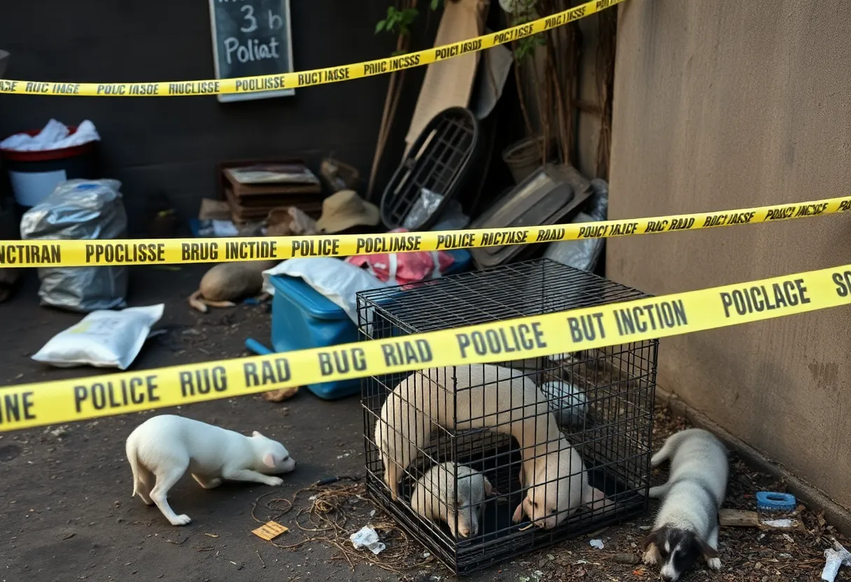 Evidence from the Jacksonville drug raid, including illegal substances and signs of animal cruelty.