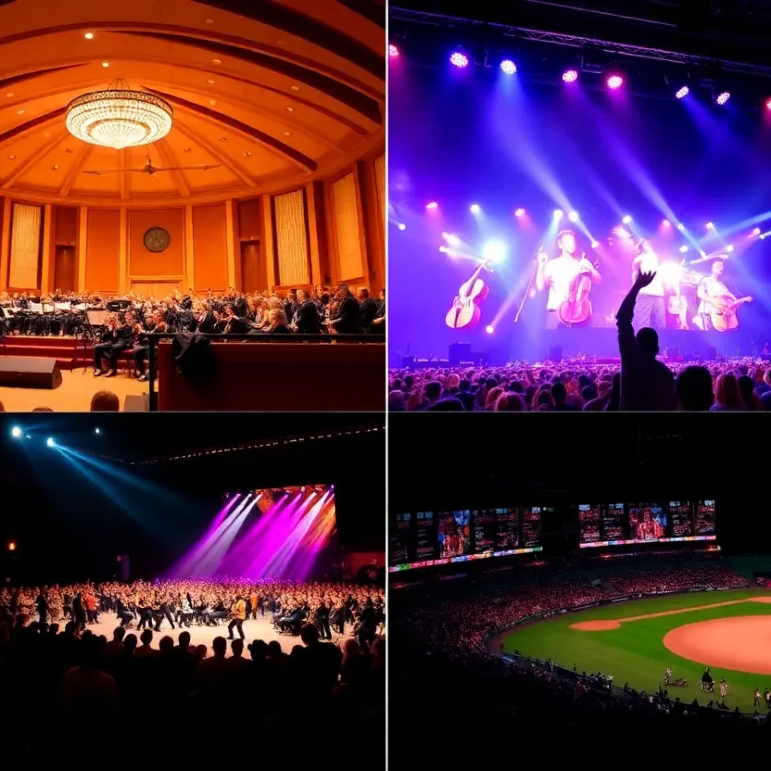 Collage of Jacksonville events including a symphony, concert, wrestling match, and baseball game.