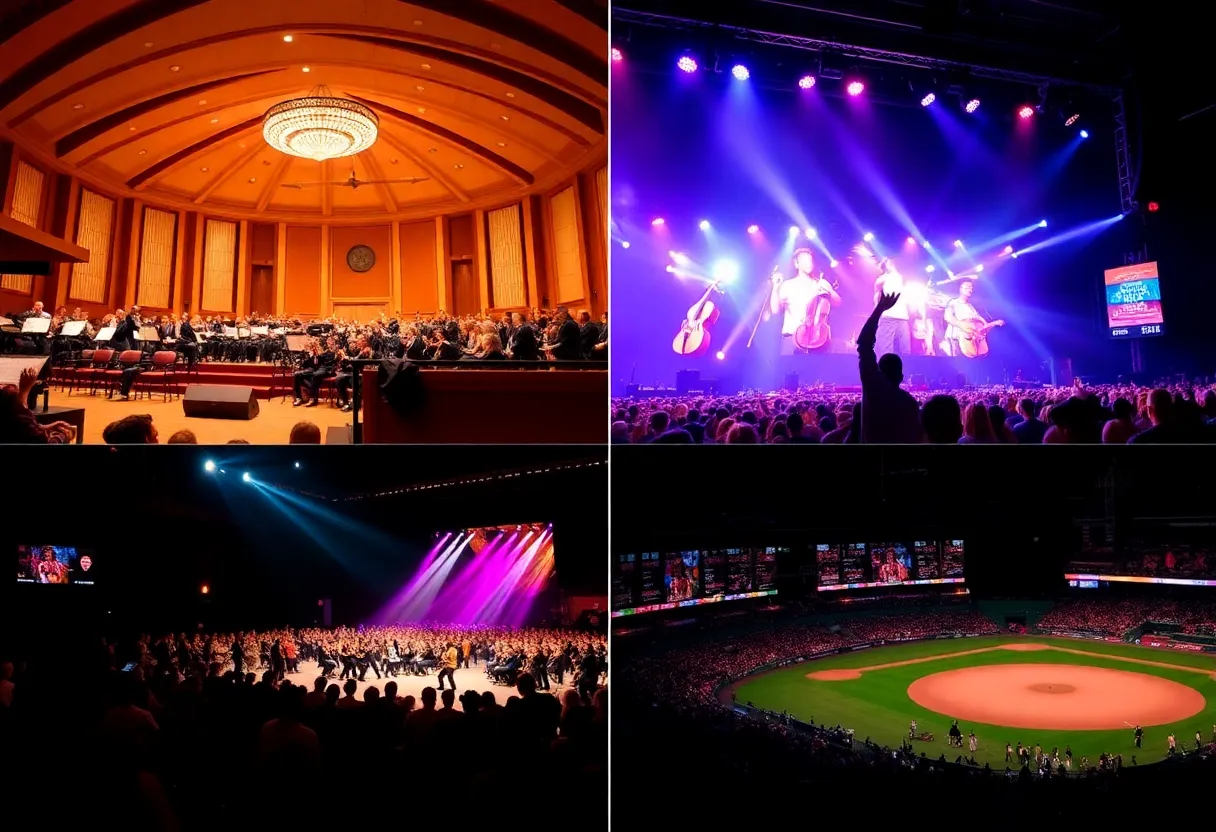 Collage of Jacksonville events including a symphony, concert, wrestling match, and baseball game.
