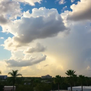 A warm and muggy day in Jacksonville, Florida with clouds indicating potential thunderstorms