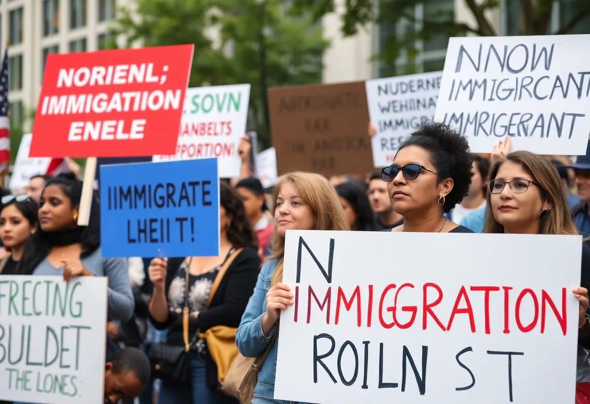 A rally in Jacksonville advocating for immigration rights with participants holding signs.