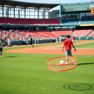Players participating in disc golf at Jacksonville Jumbo Shrimp event