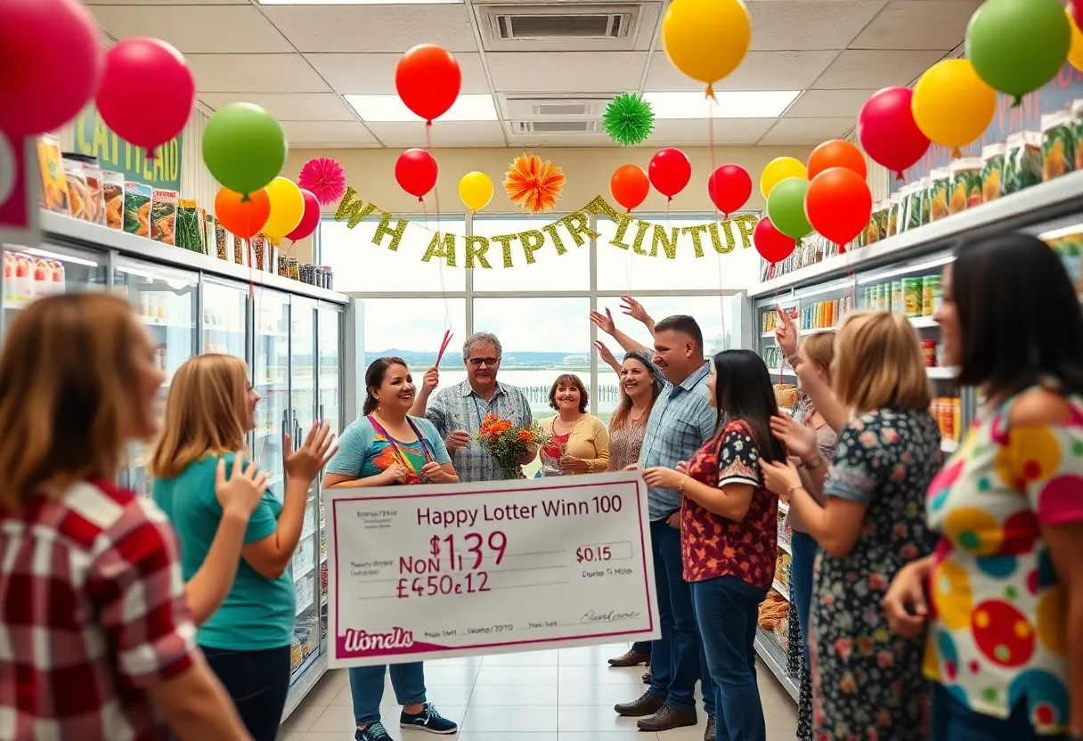 Celebration of a lottery win in Jacksonville with festive decorations.