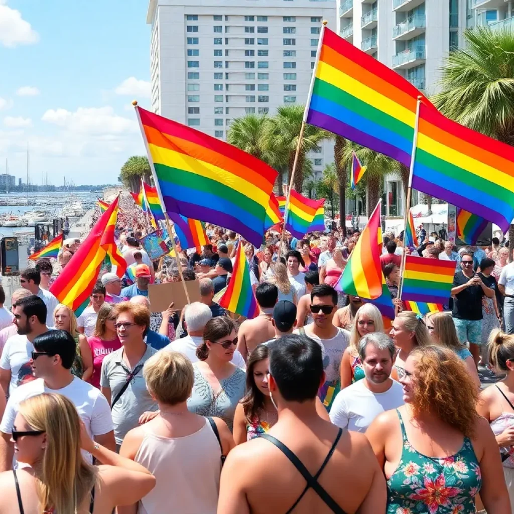 Participants celebrating Pride Month in Jacksonville with rainbow colors and flags.