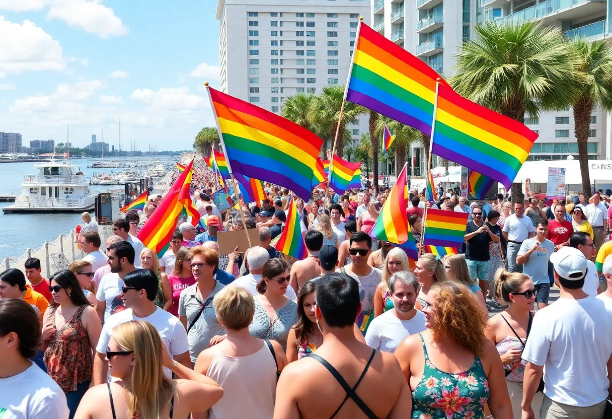 Participants celebrating Pride Month in Jacksonville with rainbow colors and flags.
