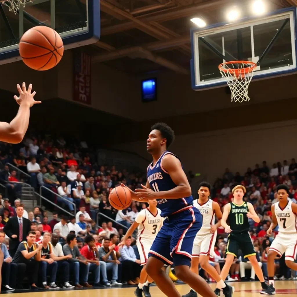 College basketball players in action during a game