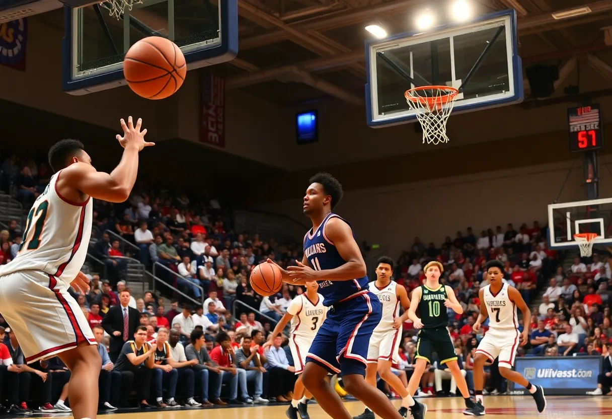 College basketball players in action during a game