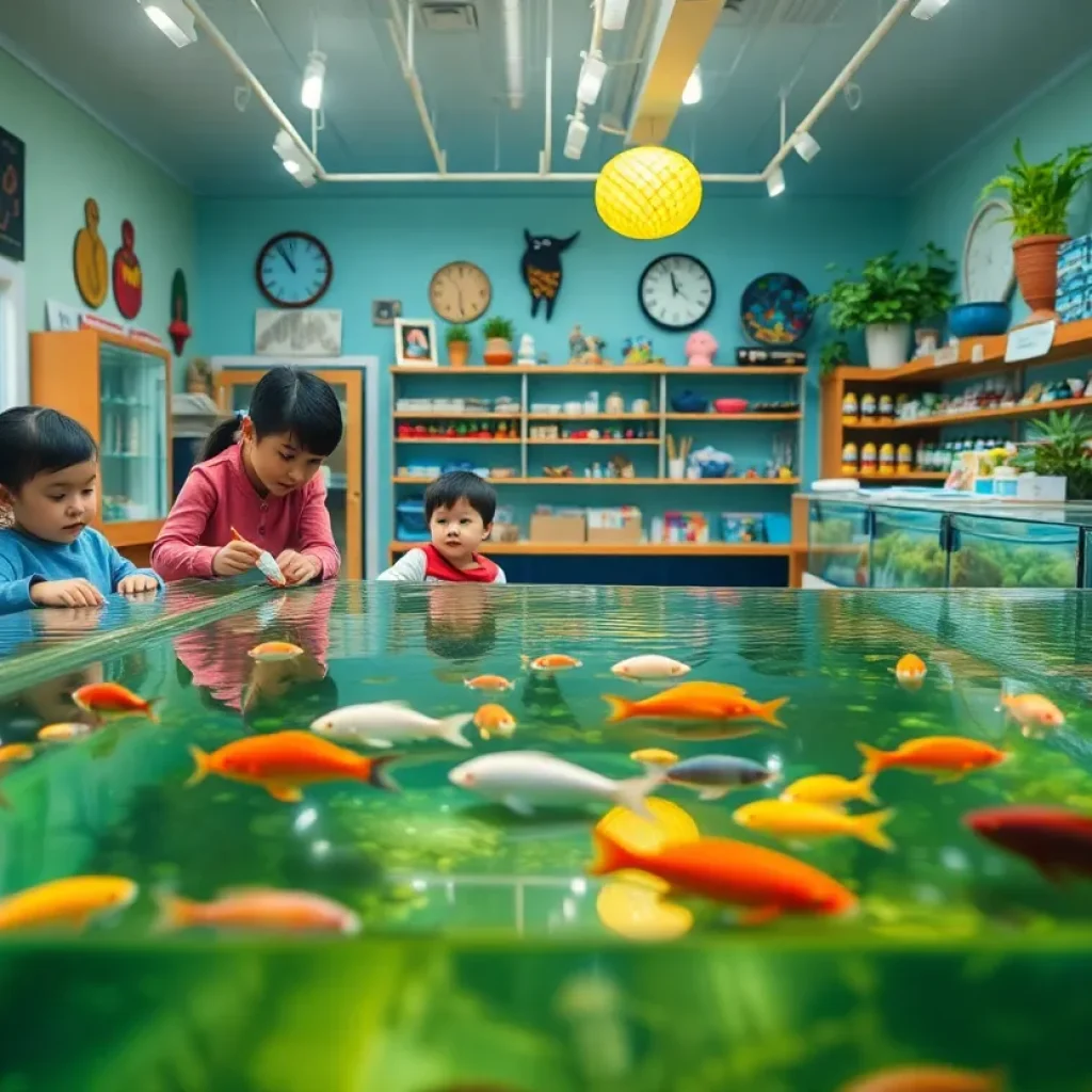 Families enjoying the indoor pond at a Jacksonville fish store.