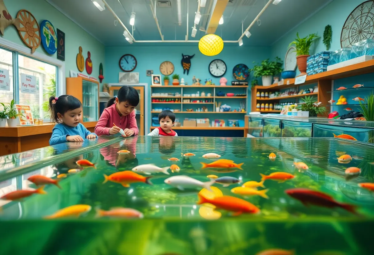 Families enjoying the indoor pond at a Jacksonville fish store.