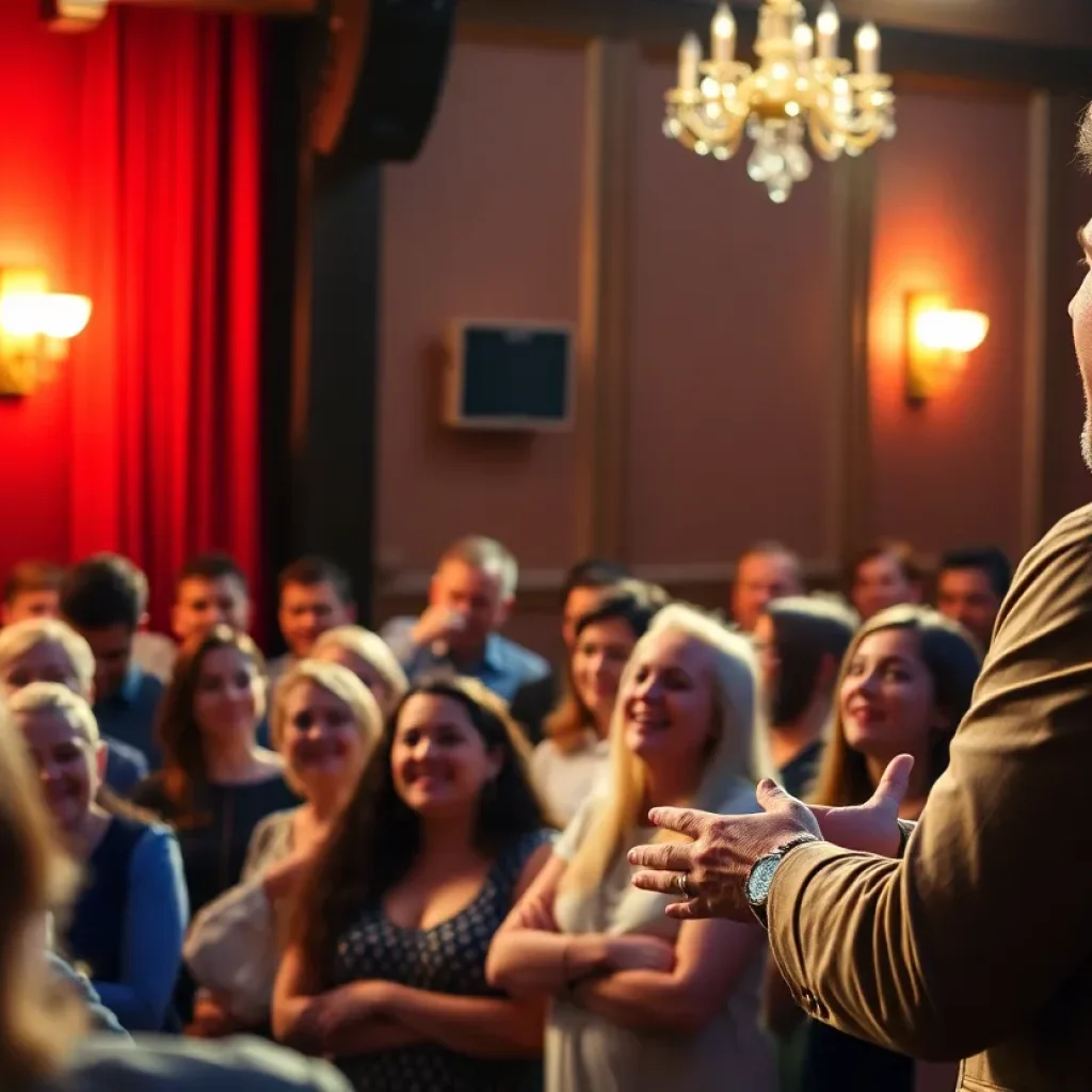 Comedian performing on stage with audience laughing