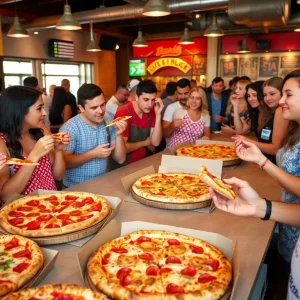 People participating in the JAXBest Pizza competition, enjoying different pizzas