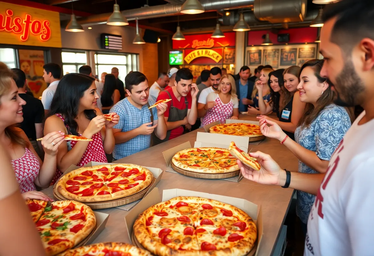 People participating in the JAXBest Pizza competition, enjoying different pizzas