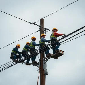 JEA lineworkers repairing power lines during a storm