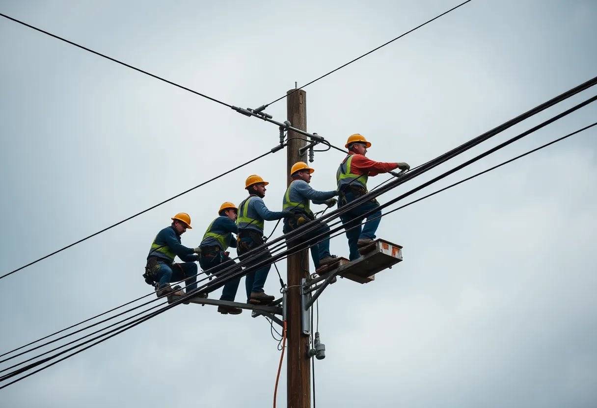 JEA lineworkers repairing power lines during a storm