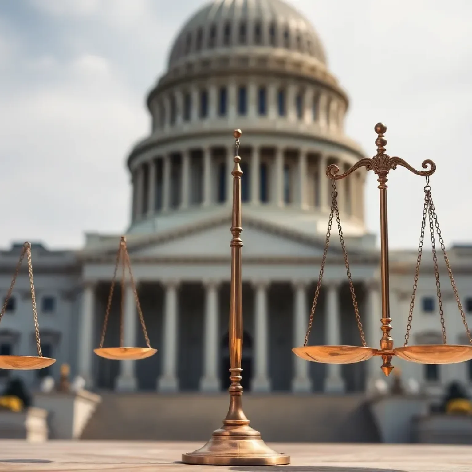A balanced scale in front of the U.S. Capitol symbolizing legal action.
