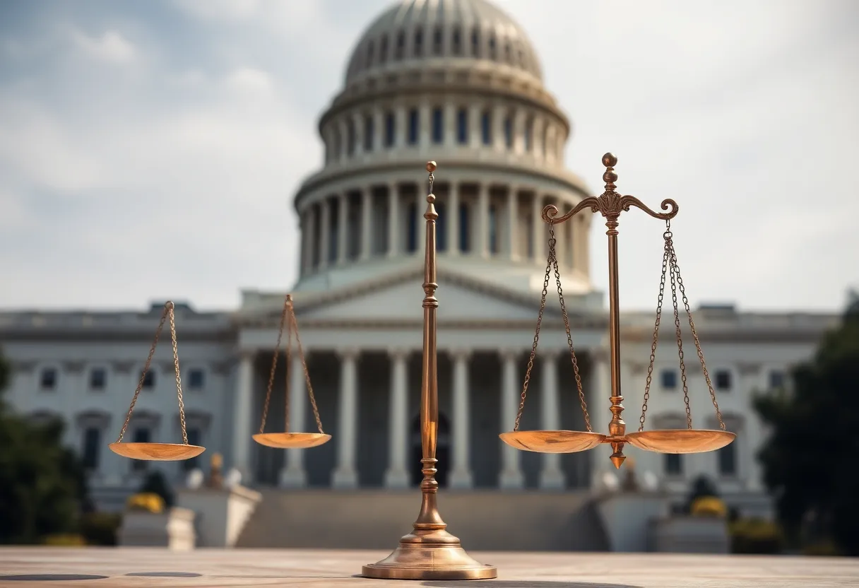 A balanced scale in front of the U.S. Capitol symbolizing legal action.