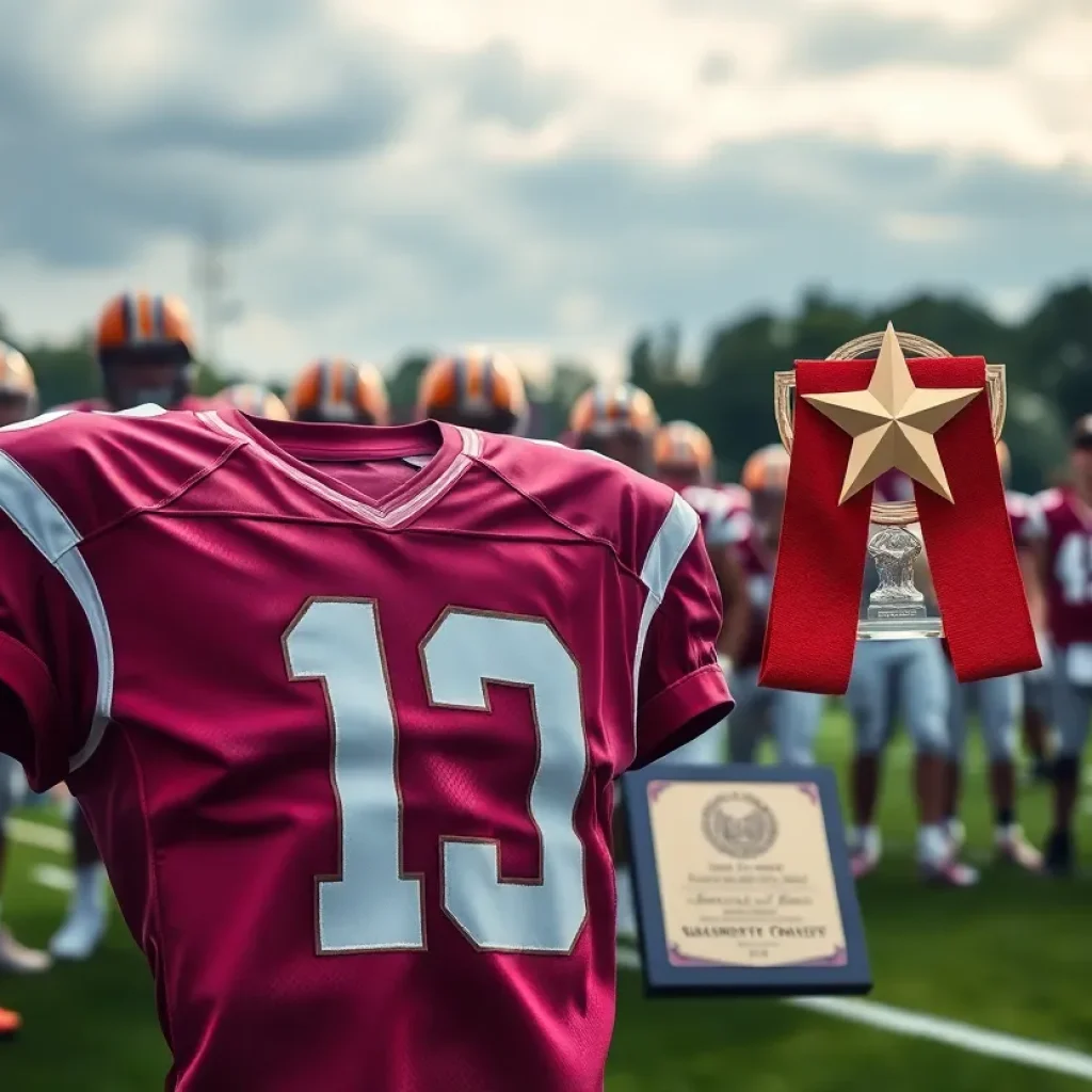 Commemorative football jersey and award representing Ricardo Tilman Jr.'s legacy.