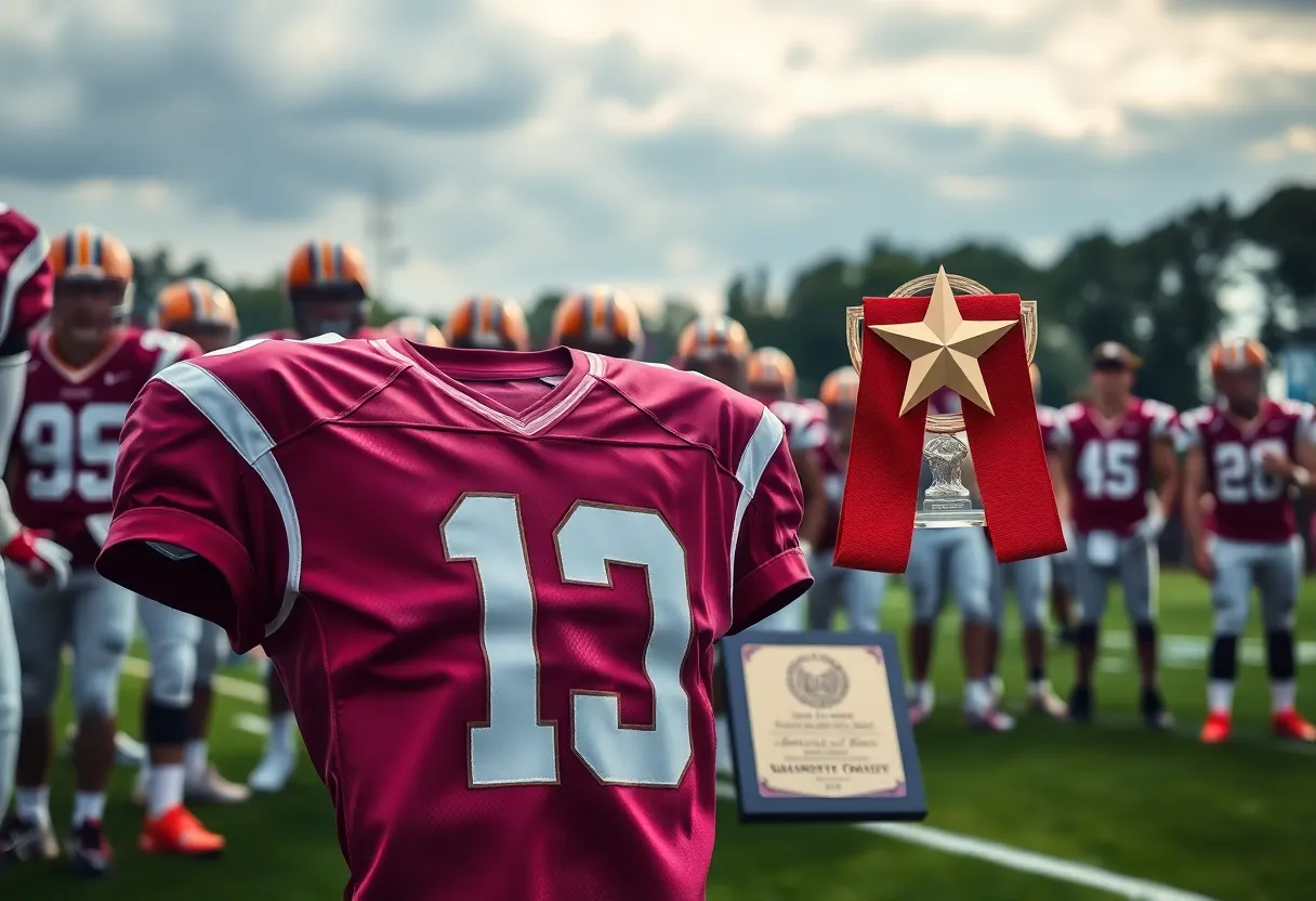 Commemorative football jersey and award representing Ricardo Tilman Jr.'s legacy.