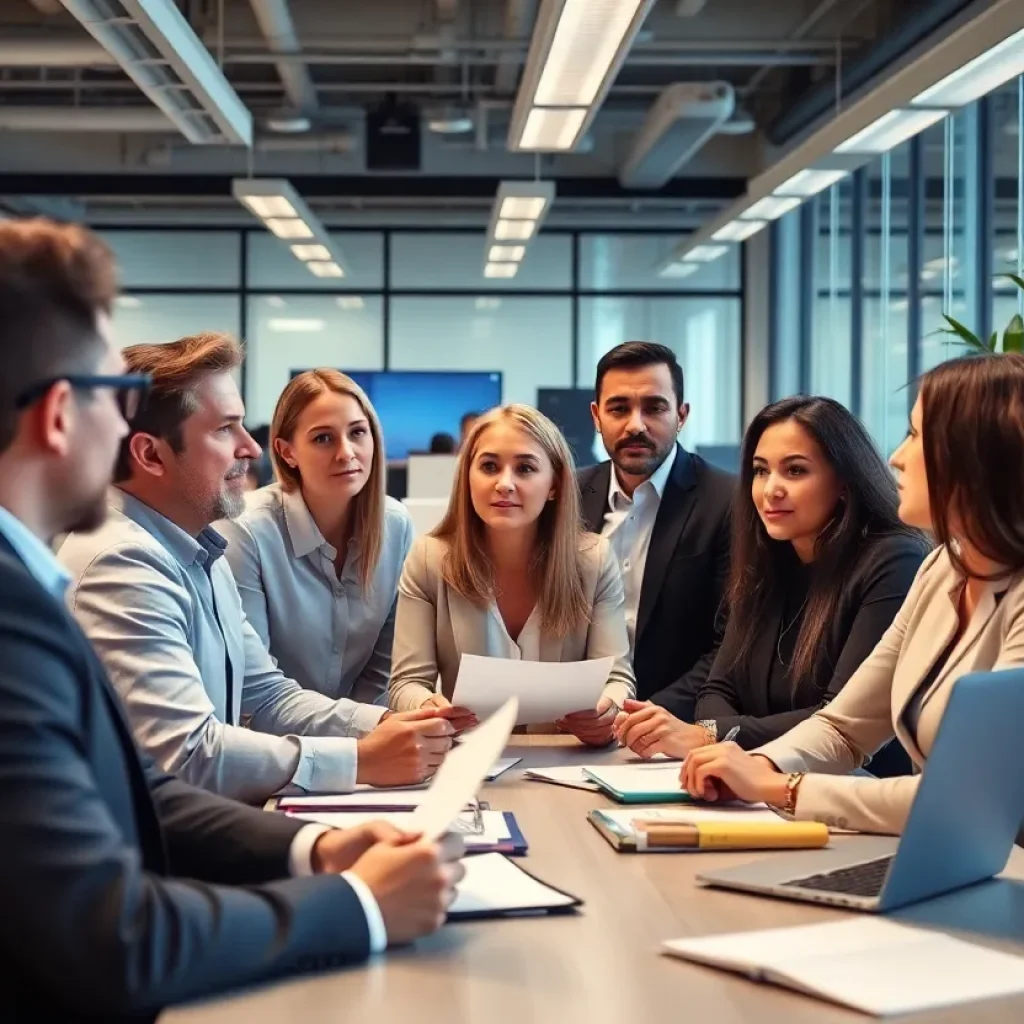 Diverse group of managers in a modern office discussing strategies.