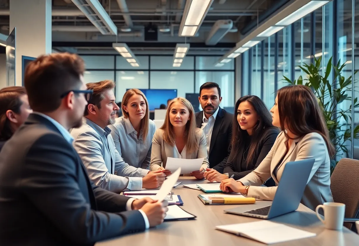 Diverse group of managers in a modern office discussing strategies.