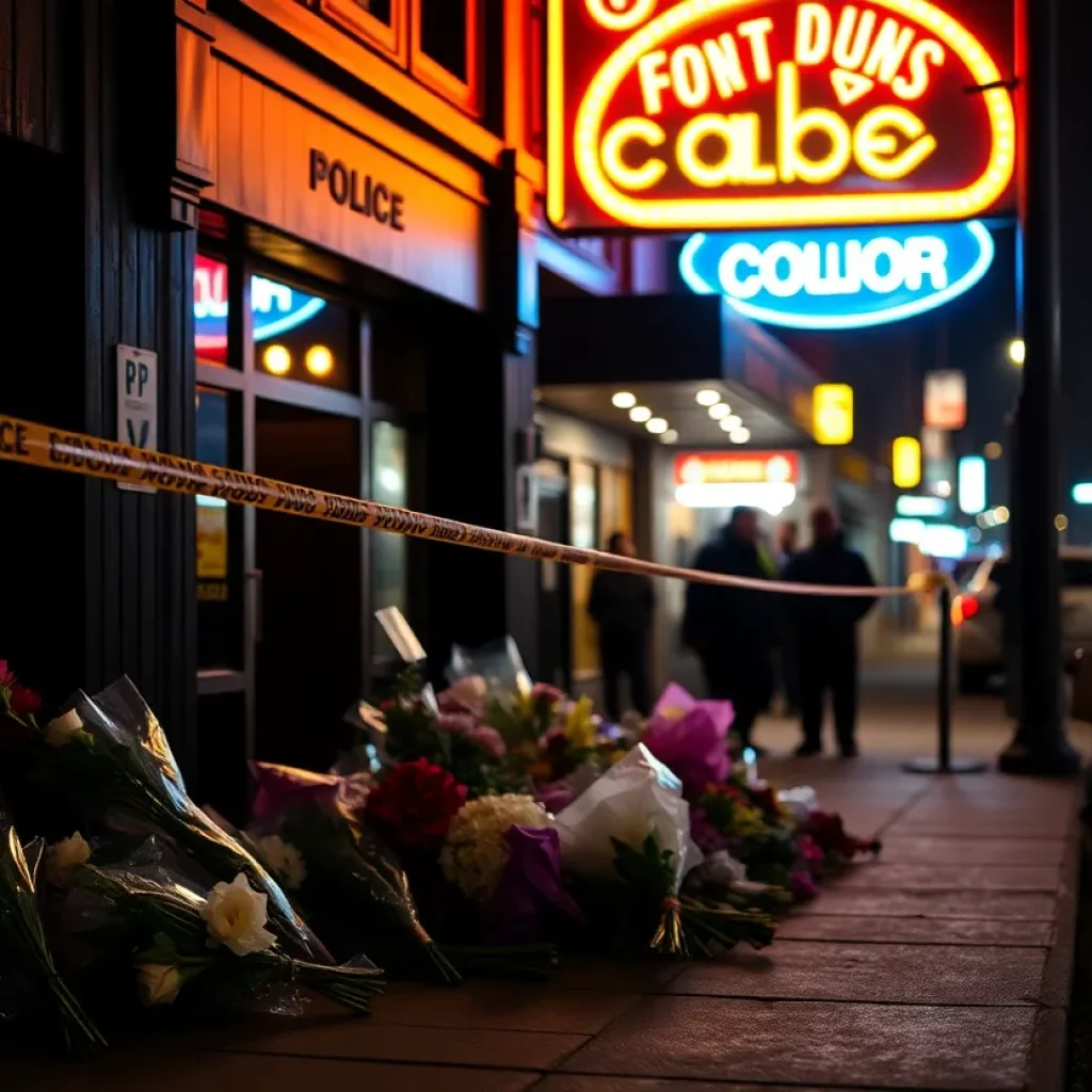 Memorial flowers and police tape outside a nightclub