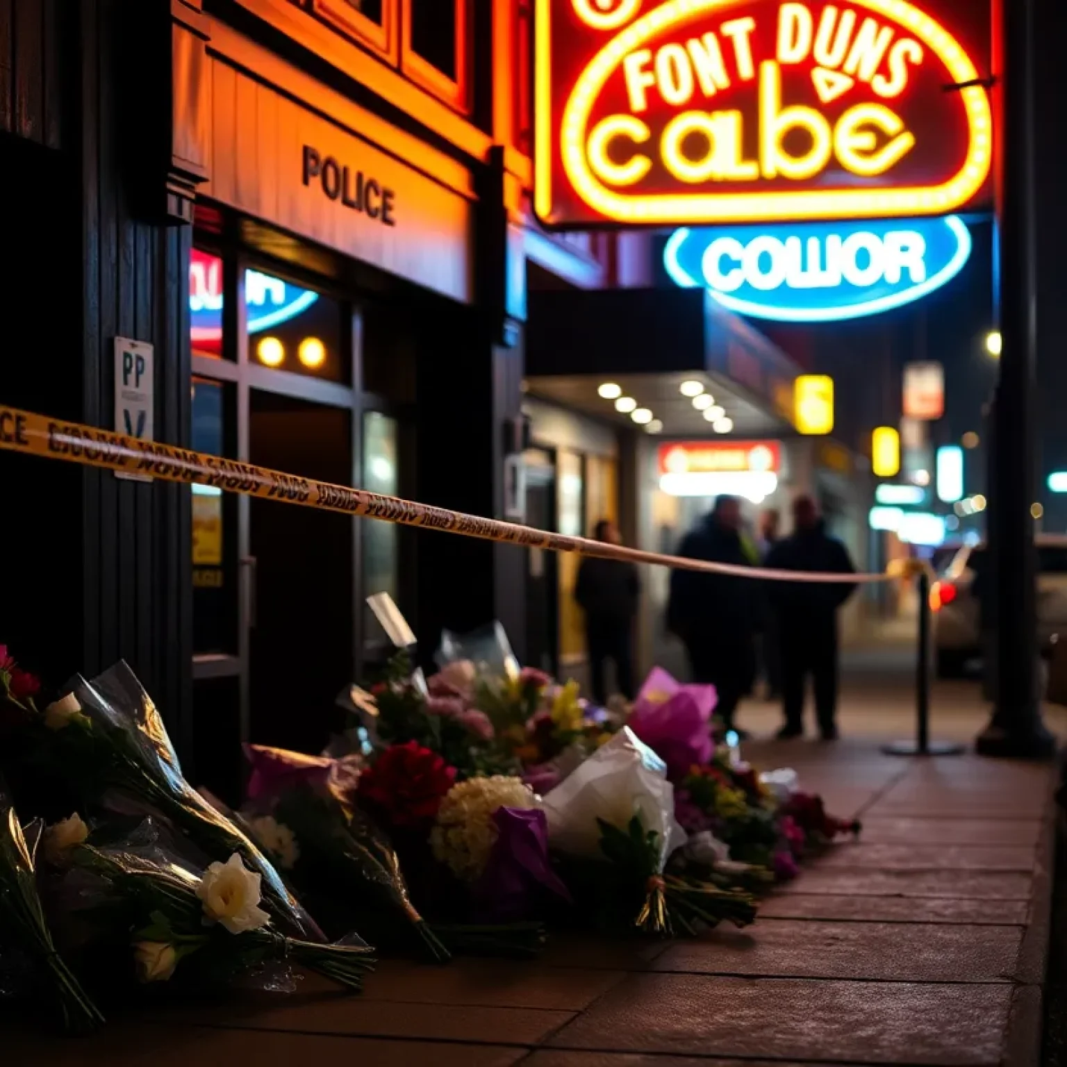 Memorial flowers and police tape outside a nightclub