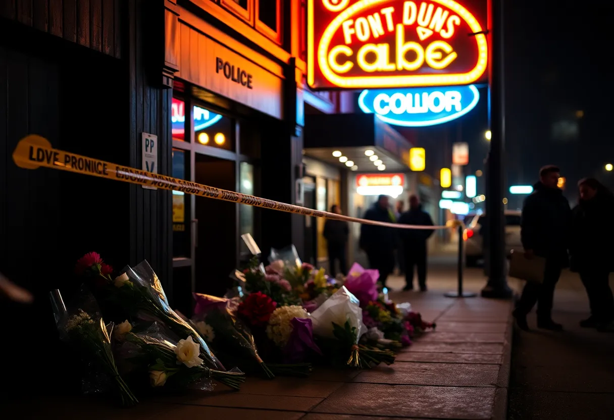 Memorial flowers and police tape outside a nightclub