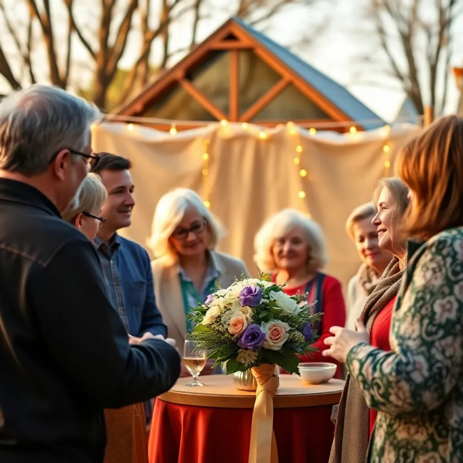 Community members gather to honor a beloved figure in a serene outdoor setting.