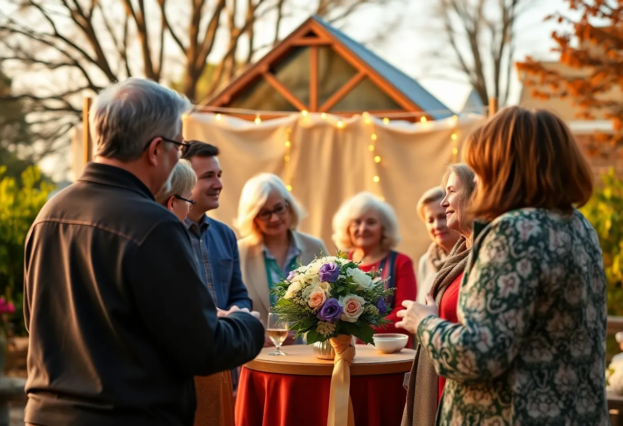 Community members gather to honor a beloved figure in a serene outdoor setting.
