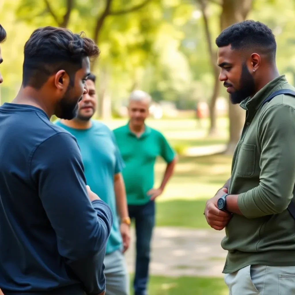 Diverse group of men discussing mental health in a park