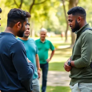 Diverse group of men discussing mental health in a park