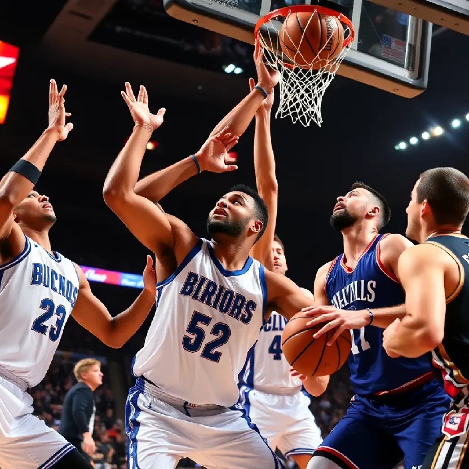 Two NBA teams in a high-stakes finals match, displaying intensity and teamwork.