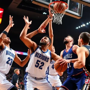 Two NBA teams in a high-stakes finals match, displaying intensity and teamwork.