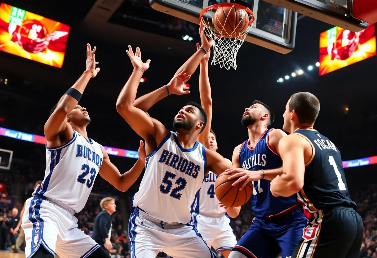Two NBA teams in a high-stakes finals match, displaying intensity and teamwork.
