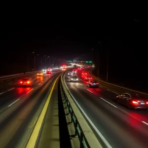 View of a busy highway at night with emergency vehicles