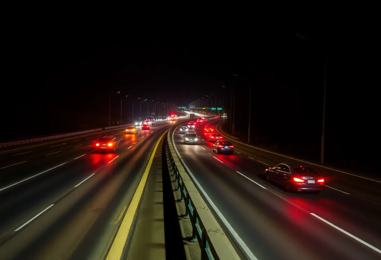 View of a busy highway at night with emergency vehicles