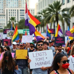 Vibrant crowd at the Orlando protest holding signs and flags