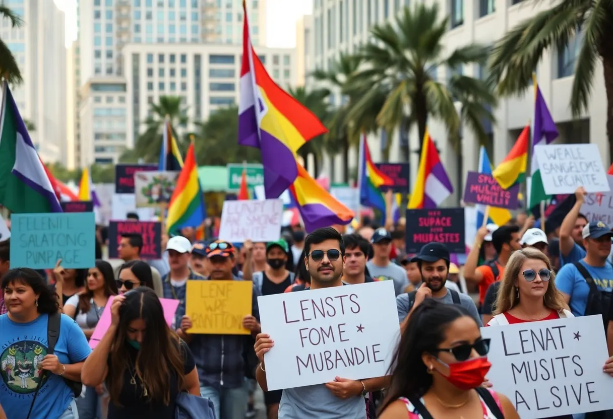 Vibrant crowd at the Orlando protest holding signs and flags