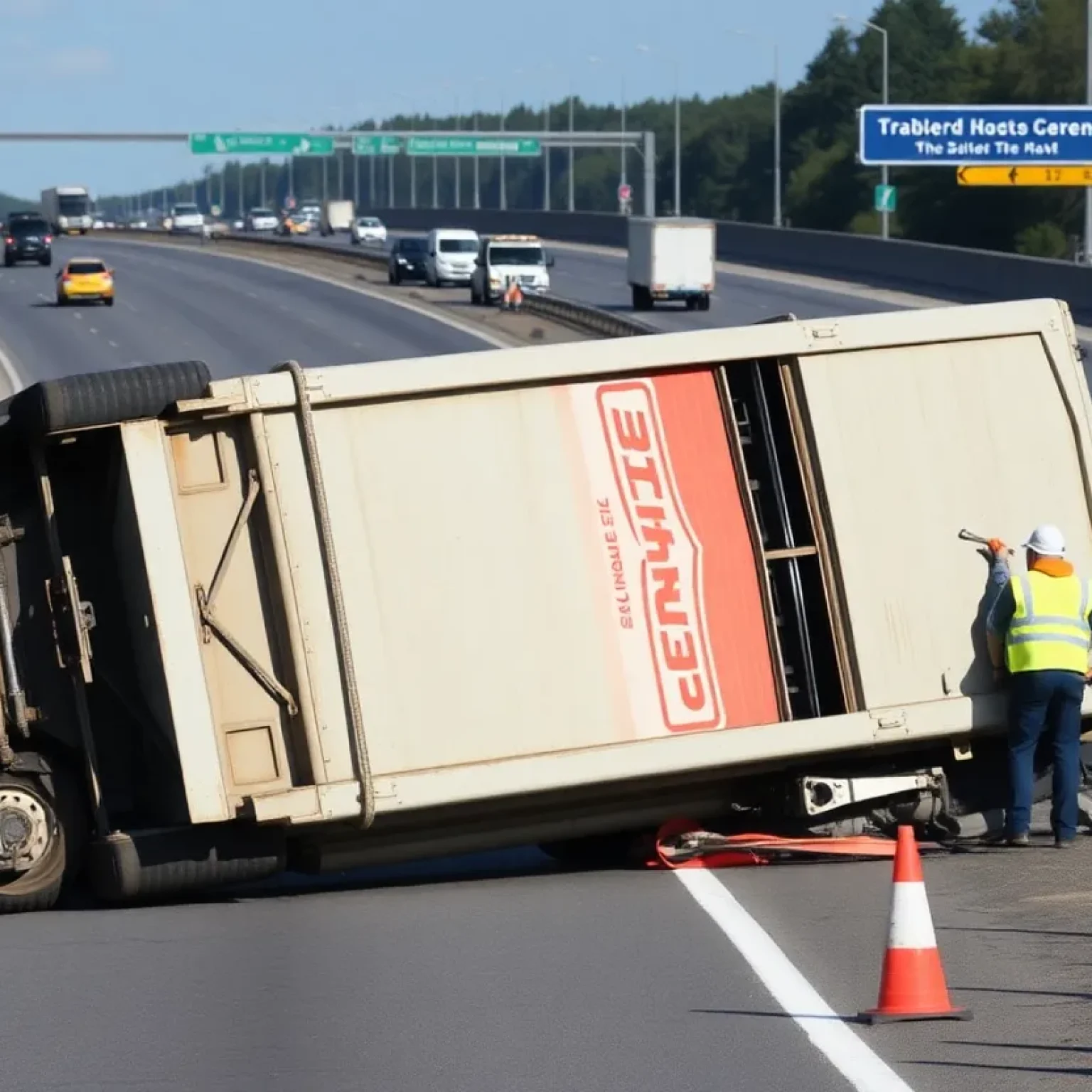A fully loaded dump truck lying on its side on State Road 200.
