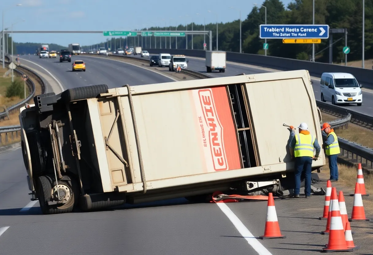 A fully loaded dump truck lying on its side on State Road 200.