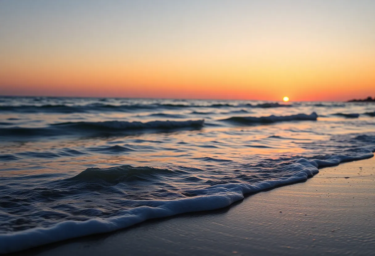 A tranquil beach at sunset, evoking a sense of peace and remembrance.