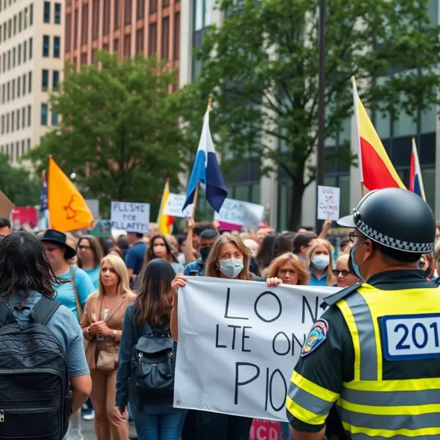 A diverse group of protesters with banners during a peaceful demonstration in a city.