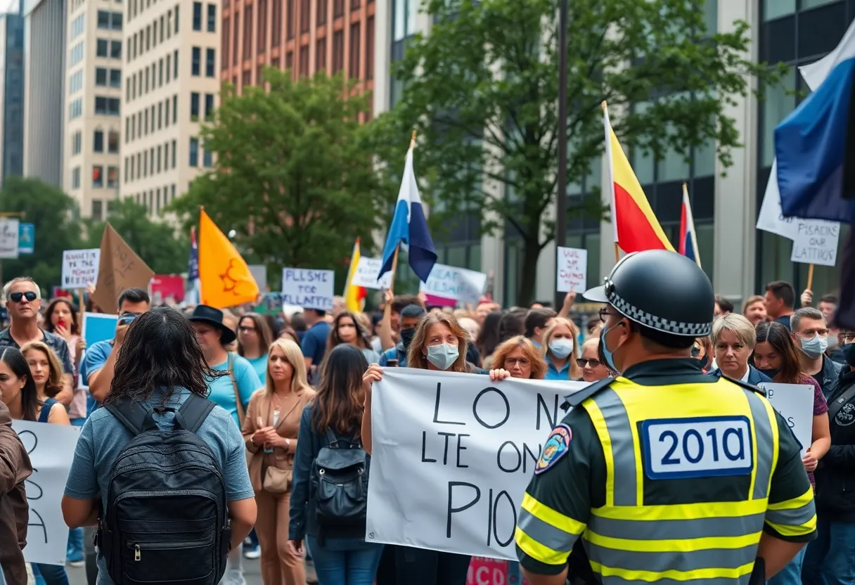 A diverse group of protesters with banners during a peaceful demonstration in a city.