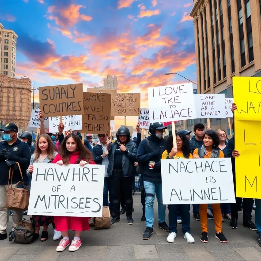 Diverse group of protesters holding signs in a city, advocating for social justice.