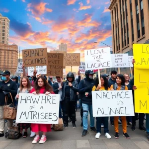 Diverse group of protesters holding signs in a city, advocating for social justice.